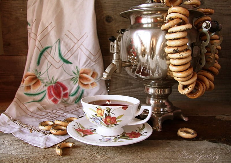 Still life, table, samovar, pretzels, tea, floral pattern, tea time, cup, pink, porcelain, HD wallpaper