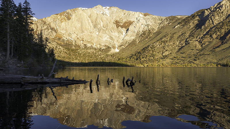 A morning scene from California's Eastern Sierra, reflections, usa, mountains, water, sky, trees, HD wallpaper
