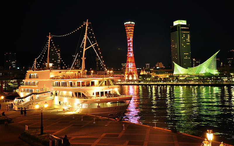Kobe, cruise ship, oceans, bonito, lights, boats, japan, water, ship, night, HD wallpaper