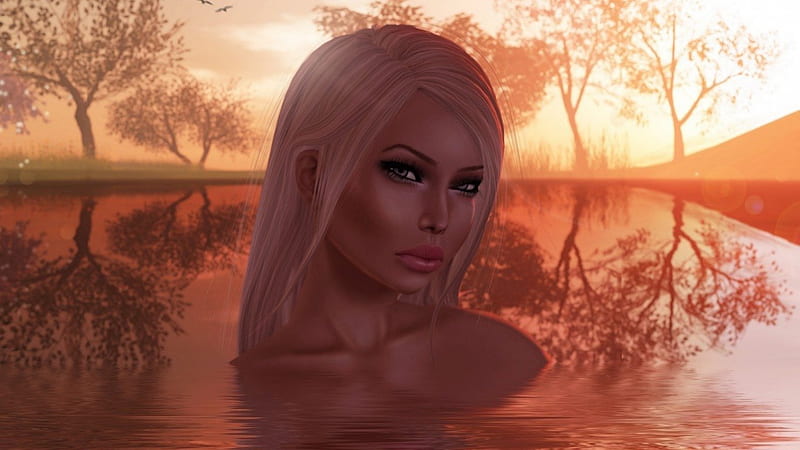 WATER GODDESS, female, water, goddess, reflection, trees, HD wallpaper