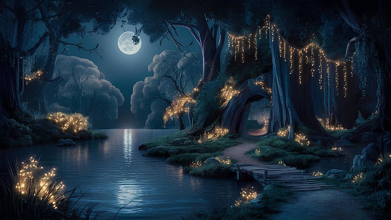 Enchanted moonlit forest with glowing lights, trees, water, moonlight, wooden bridge, fantasy, peacefulness, nature, surrealism, tranquility, radiant plants, art nouveau, serenity, dreamlike, eerie, magic, scenery, romantic, mystical, woodlands, serene, night, mysticism, silhouette, manipulation, fine art, natural beauty, digital art, ethereal, majestic, landscape, whimsical, forest, reflection, calmness, fairytale, glowing lights, shimmering, lake, atmospheric, enchanted, pathway, moon, otherworldly, fantasy art, HD wallpaper