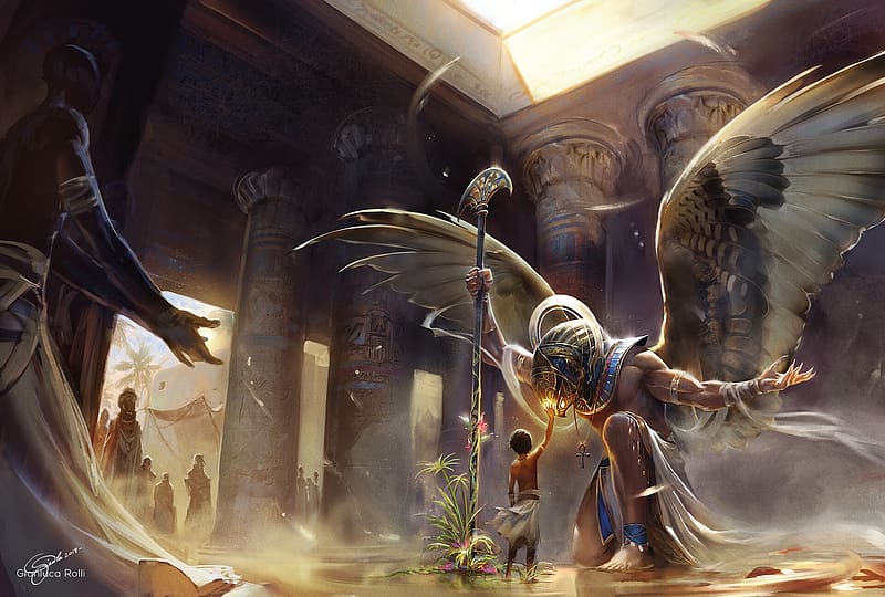 Fantasy, Egypt, Wings, Temple, Columns, Gods, Horus (Deity), HD wallpaper