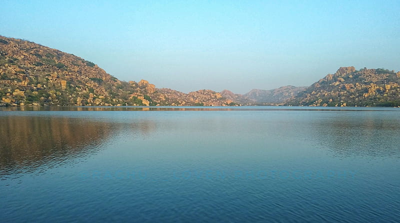 Hampi Lake, bonito, blue sky, blue water, lake beach, nature, reservoir, sanapur, HD wallpaper