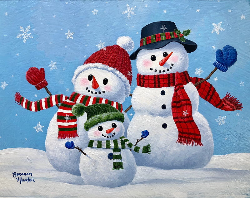 Snow Day, scarves, family, snowmen, hats, painting, funny, winter, artwork, HD wallpaper