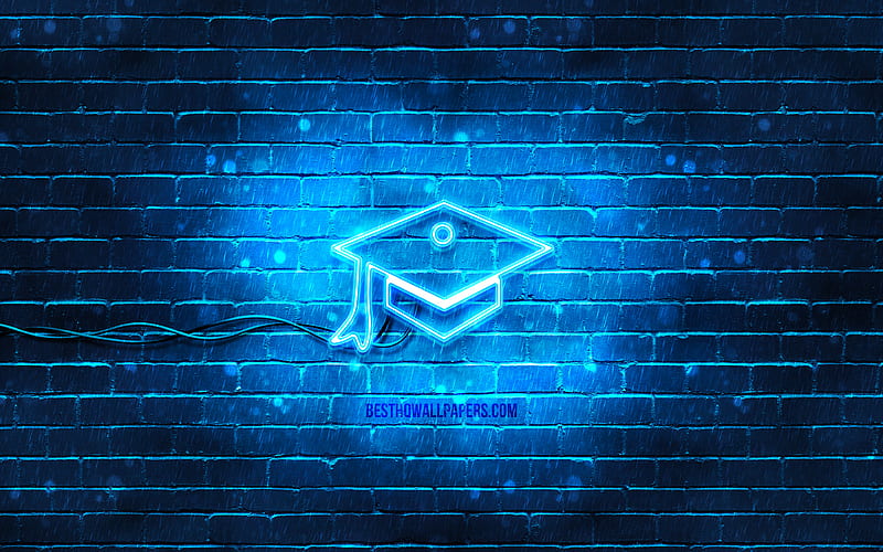 Graduation Cap neon icon blue background, neon symbols, Graduation Cap, creative, neon icons, Graduation Cap sign, education signs, Graduation Cap icon, education icons, HD wallpaper