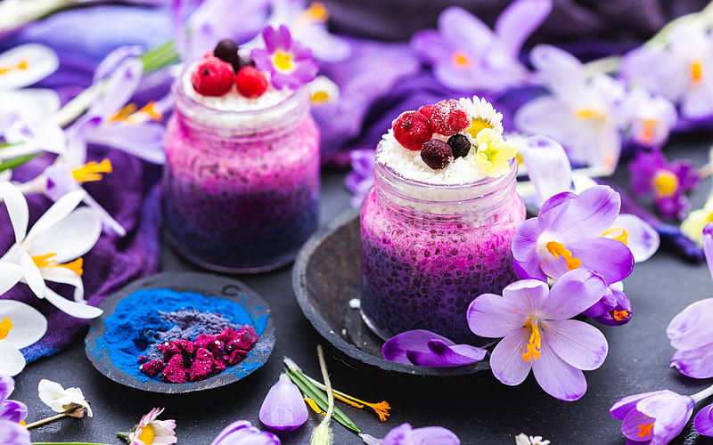 Smoothies, sweet, purple, crocus, jar, flower, dessert, smoothie, food, pink, HD wallpaper