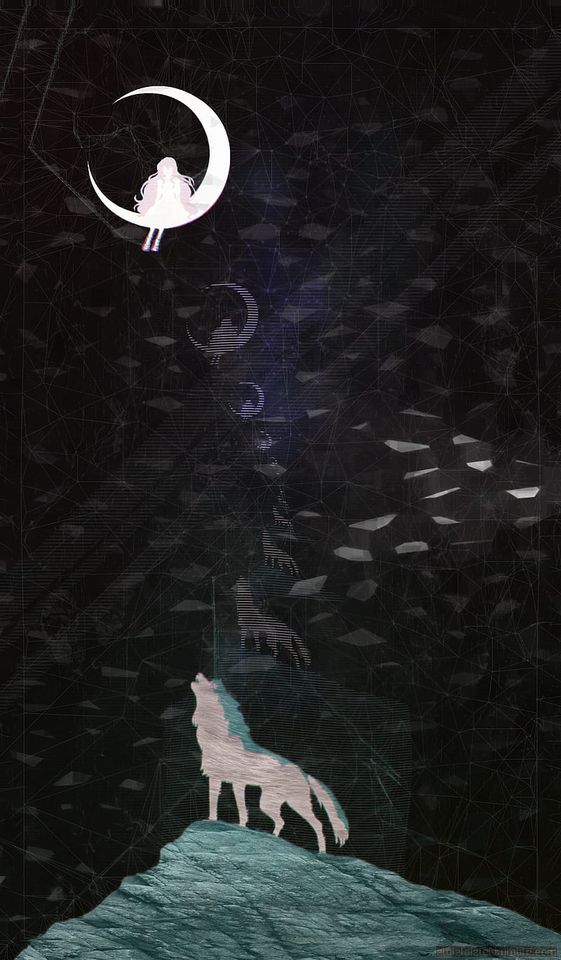 glitch art, abstract, wolf, Moon, black, HD phone wallpaper