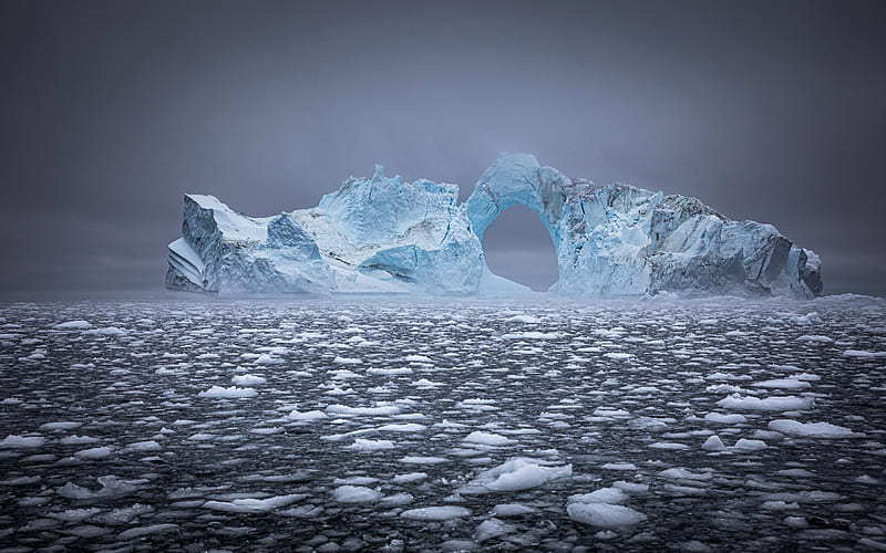 Large iceberg, Disko Bay, Greenland, cloudy weather, evening, sunset, Atlantic Ocean, icebergs, HD wallpaper