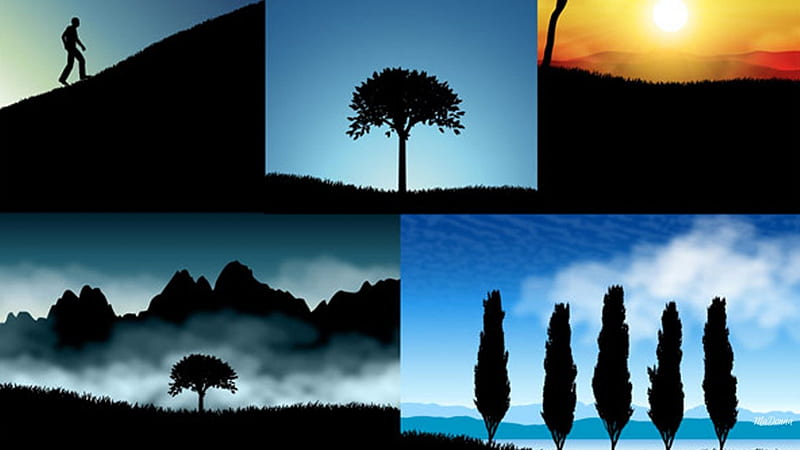 Life Collage, walker, life, sunset, collage, trees, sky, clouds, fog, mist, climber, nature, blue, HD wallpaper