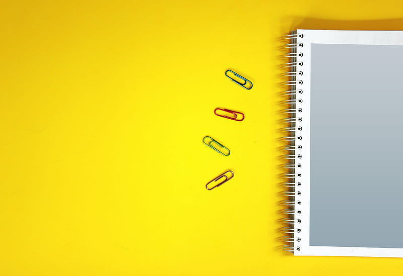 notebook, paper clips, surface, yellow, HD wallpaper