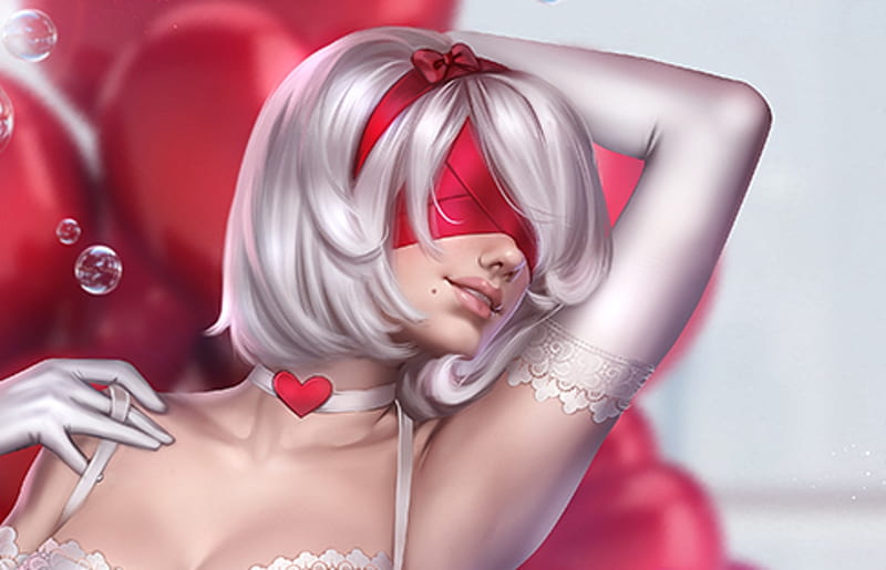 2B my Valentine, red, blond, luminos, valentine, fantasy, girl, ayyasap, heart, white, HD wallpaper