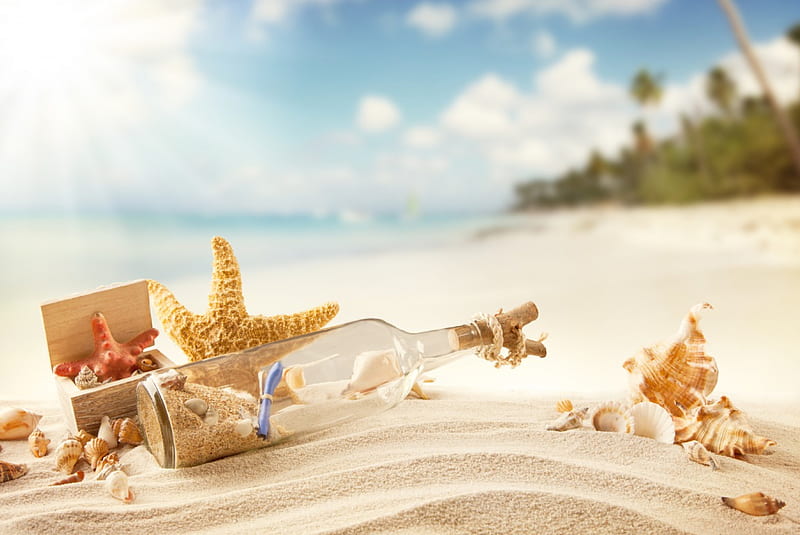 Summer Time, seashells, sun, bottle, sunlight, sky, starfish, sea, beach, sunrays, sand, splendor, paradise, summer, nature, shells, HD wallpaper