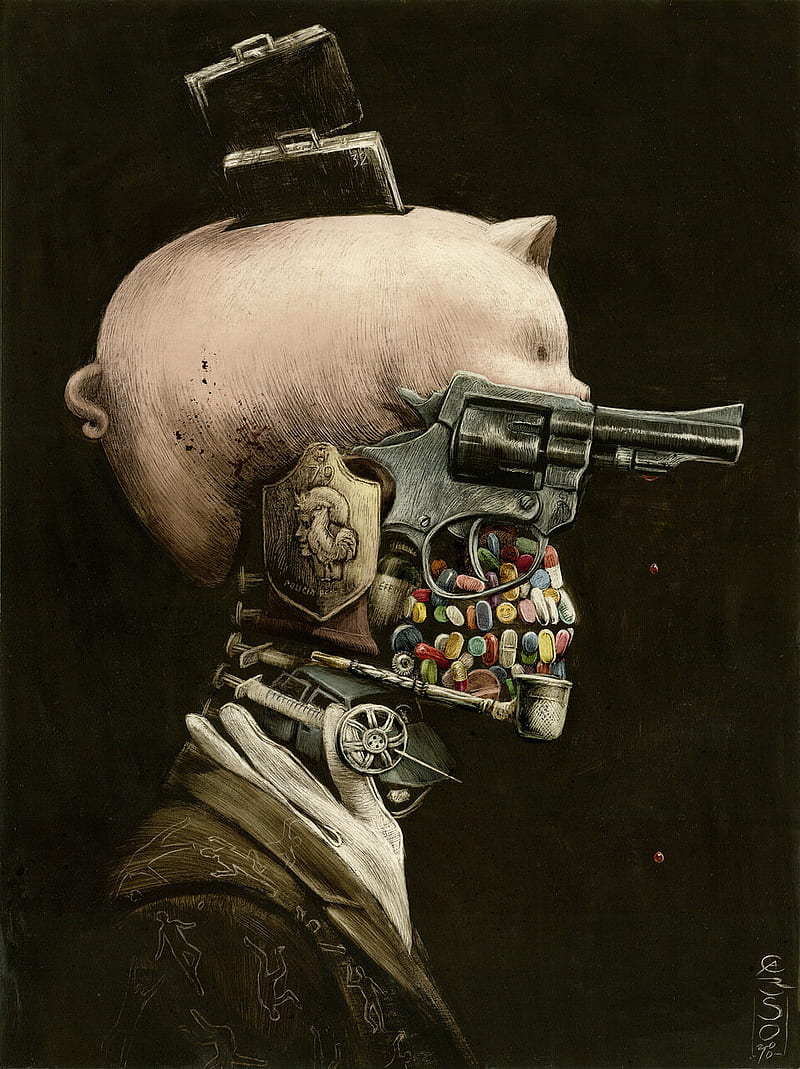 Santiago Caruso, dark, artwork, surreal, gun, skull, HD phone wallpaper
