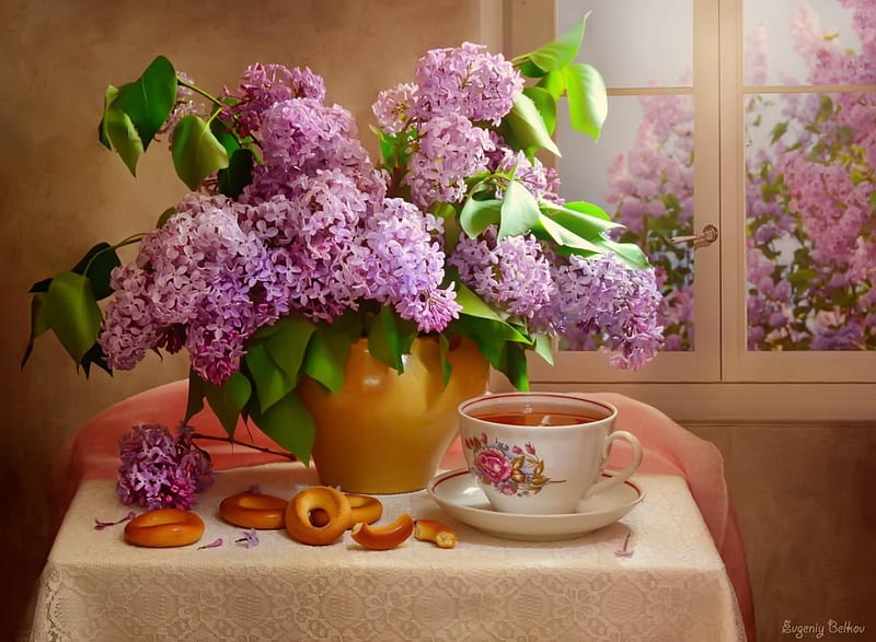 Still life with lilac, lilac, home, bonito, fragrance, tea, still life, afternoon, flowers, room, morning, cozy, window, view, scent, spring, bouquet, case, coffee, HD wallpaper