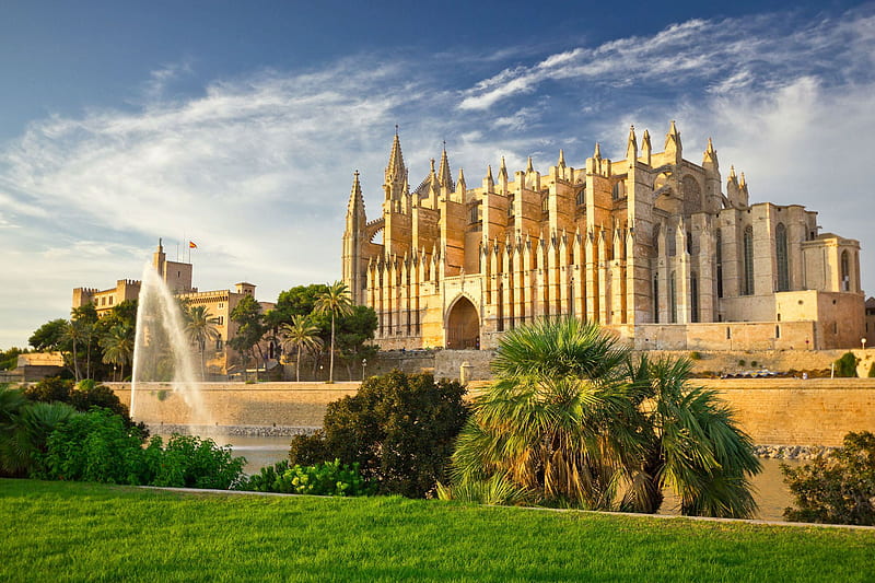 Cathedrals, Cathedral, Fountain, Mallorca, Palm Tree, Spain, HD wallpaper