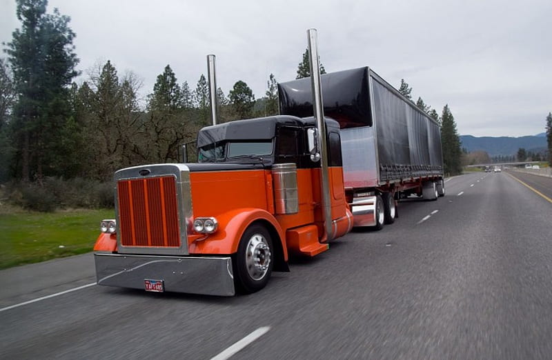 Orange And Black Peterbilt, truck and trailer, truck, big rig, semi, HD wallpaper