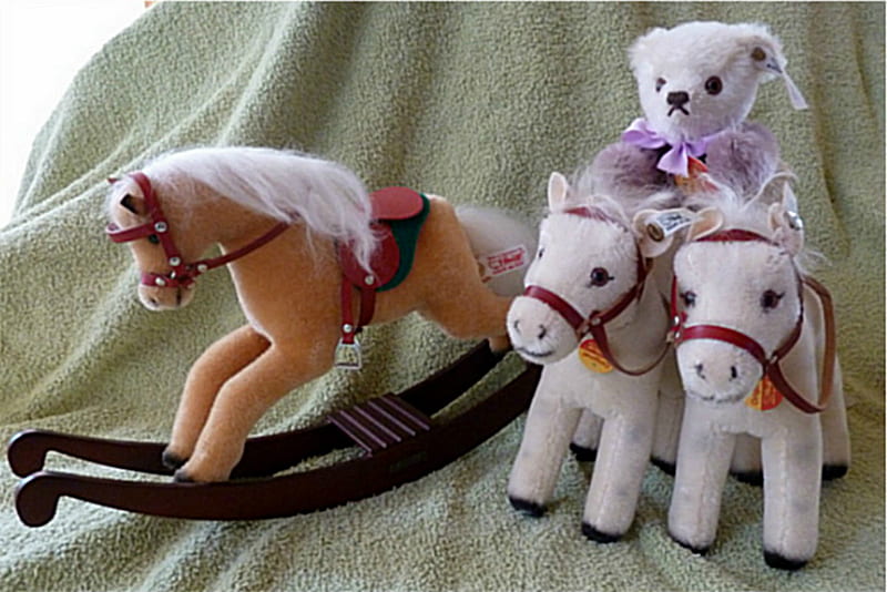Christmas Present, toy, bear, steiff, horses, HD wallpaper