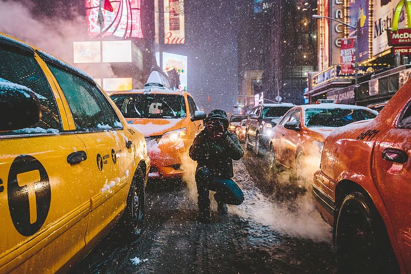 Winter, Night, Taxi, Usa, Car, Street, Camera, New York, Snowfall, HD wallpaper