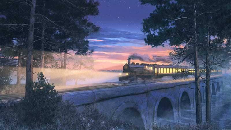 The train, arsenxc, train, bridge, anime, manga, realistic, blue, night, HD wallpaper
