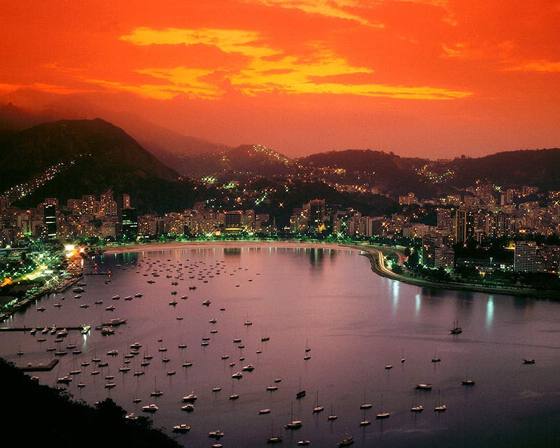 Sunset Over Rio De Janeiro, city, sun, lake, mountains, HD wallpaper