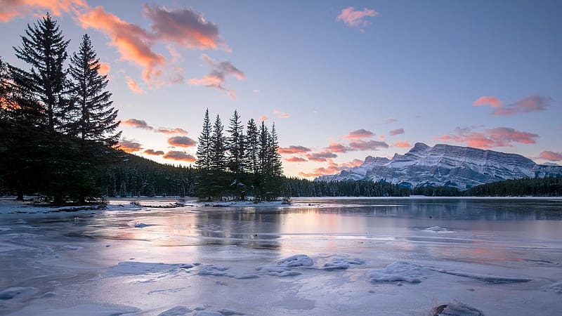 Frosty Sunrise - Two Jack Lake, Banff National Park, Alberta, canada, water, mountain, clouds, trees, sky, HD wallpaper