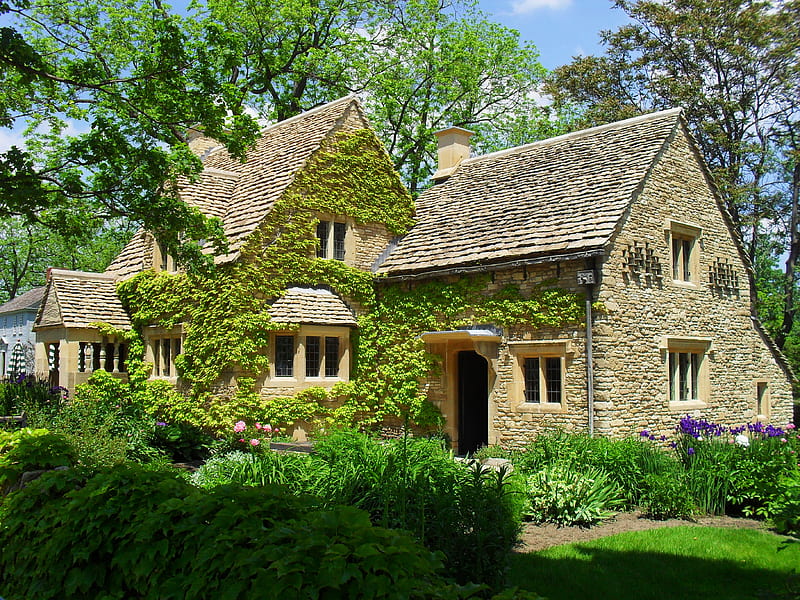que Cottage, pretty, house, stone, cottage, cotswold, home, bonito, trees, HD wallpaper