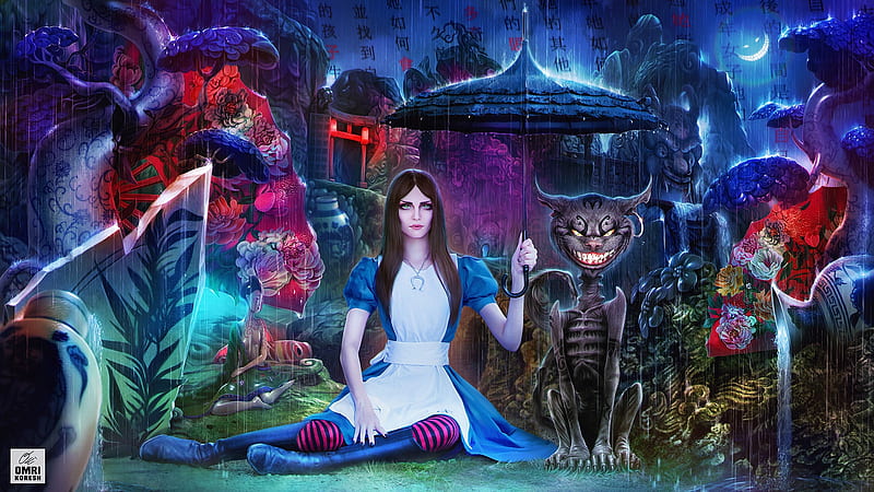 Alice Madness Returns, red, luminos, umbrella, omrikoresh art, fantasy, girl, rain, cheshire cat, pisica, blue, HD wallpaper