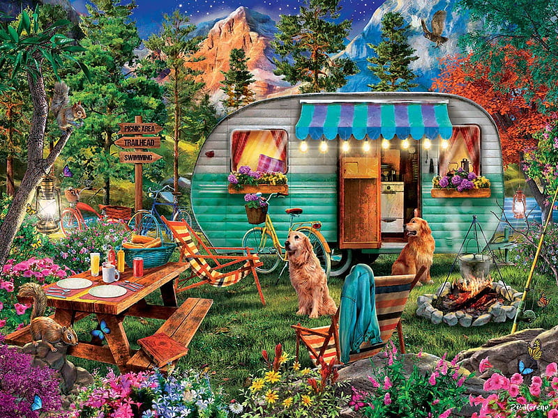 Camper, table, artwork, caravan, painting, utensils, trees, dogs, mountains, flowers, HD wallpaper