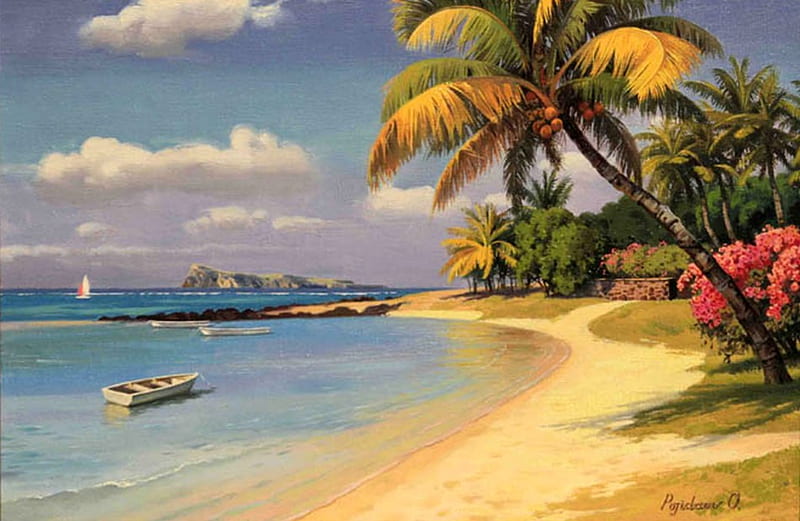 By Oleg Pozhidaev *Mauritius Island Beach., beach, art, painting, oleg pozhidaev, palm, HD wallpaper