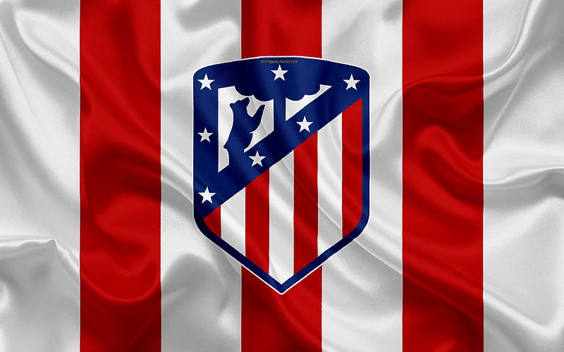 Atletico Madrid new logo, silk texture, new emblem, logo 2018, Spanish football club, red white flag, LaLiga, Madrid, Spain, HD wallpaper