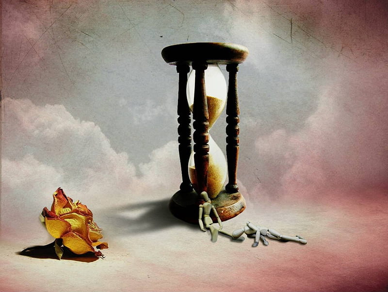Sands Of Time, hour, rose, time, antiques, clouds, sand clock, glass, hourglass, sand, flower, flowers, sandglass, HD wallpaper