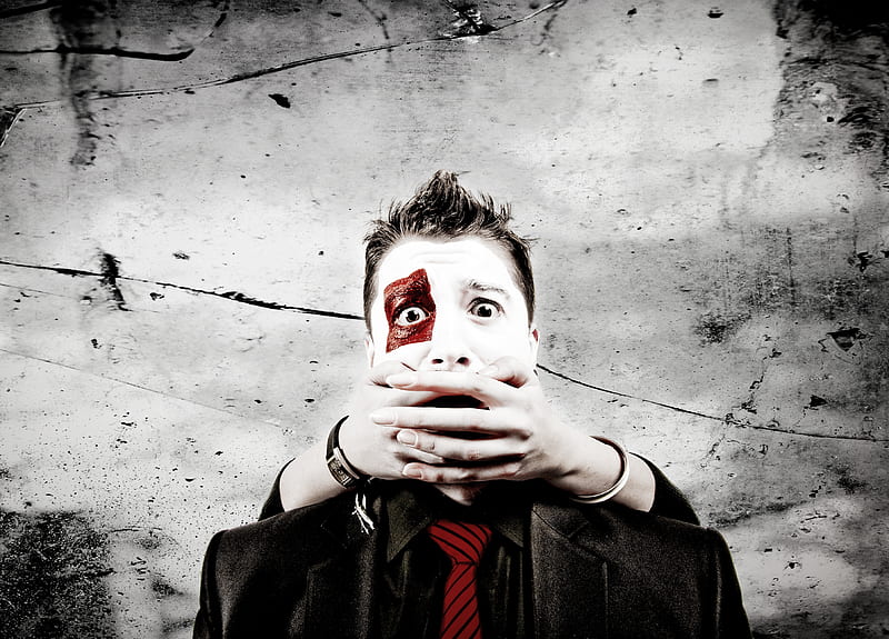 Anxious, red, suit, black, man, woman, wall, hands, paper, white, mask, HD wallpaper