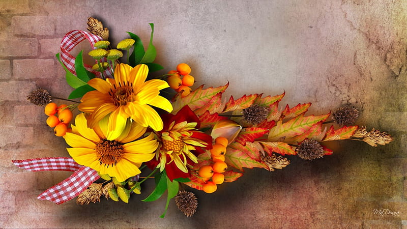 Fall Bouquet for You, fall, flowers, autumn, ribbons, bows, seed pods, thistles, leaves, sunflowers, bouquet, flowers, swag, vintage, HD wallpaper