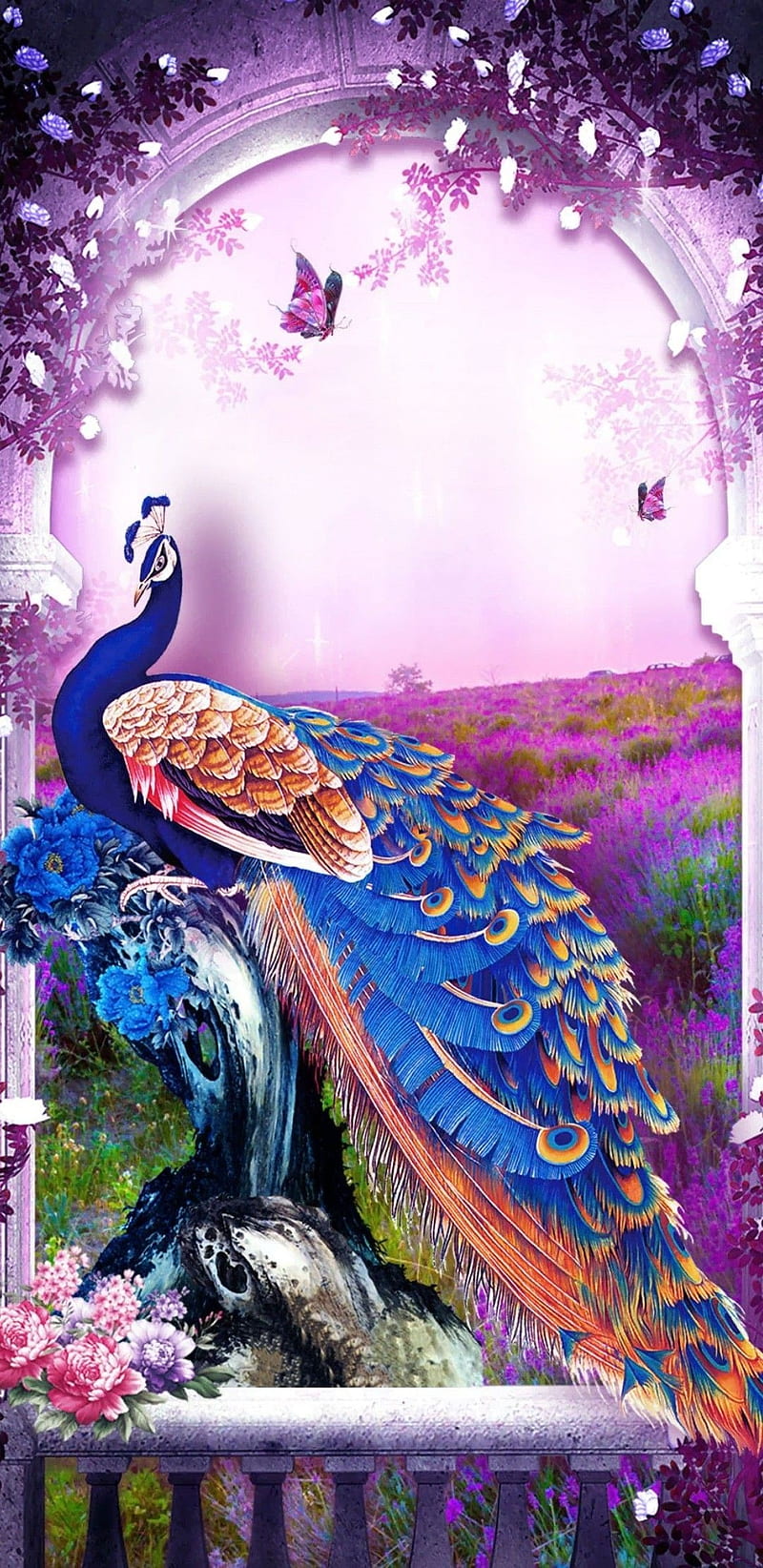 Peacok Fantasy, fantasy, flower, girly, peacock, pink, pretty, HD phone wallpaper