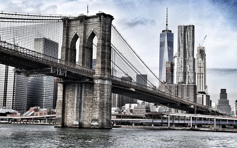 Brooklyn Bridge, World Trade Center 1, New York, East River, Manhattan, Brooklyn, USA, skyscrapers, New York cityscape, HD wallpaper