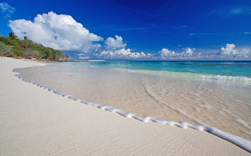 white sand, beach, sea, waves, ocean, seascape, summer travel, HD wallpaper