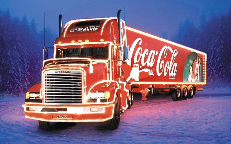 Christmas Coca-Cola, red, art, coca cola, christmas, tractor trailer, carros, coke truck, coca-cola, digital, coca cola, truck, HD wallpaper