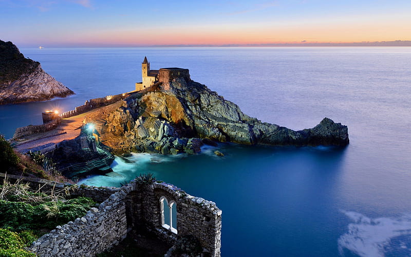 Cinque Terre, old lighthouse, sunset, evening, landmark, seascape, Mediterranean Sea, Liguria, Italy, HD wallpaper