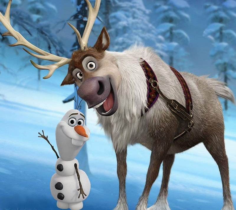 olaf and sven, disney, frozen, movie, reindeer, snow, snowman, winter, HD wallpaper