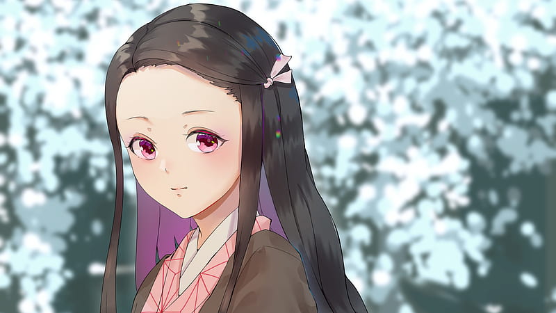 Demon Slayer Nezuko Kamado With Pink Eyes And Black Hair With Blur Background Anime, HD wallpaper