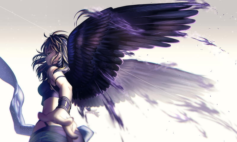 Angel, wings, luminos, manga, fantasy, rosuuri, girl, feather, anime, hand, white, HD wallpaper
