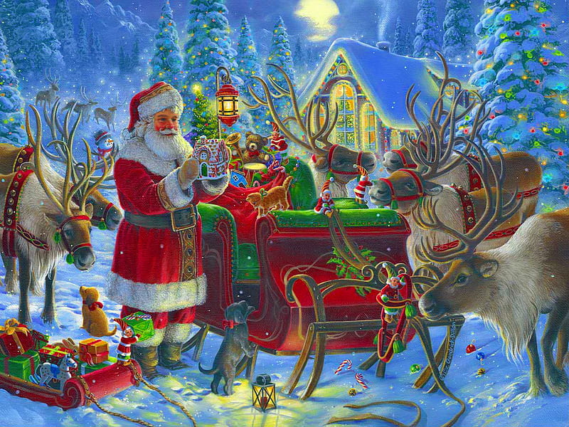 Packing the sleigh, reindeers, Santa, pack, winter, forest, sleigh, holiday, christmas, snow, frost, friends, HD wallpaper