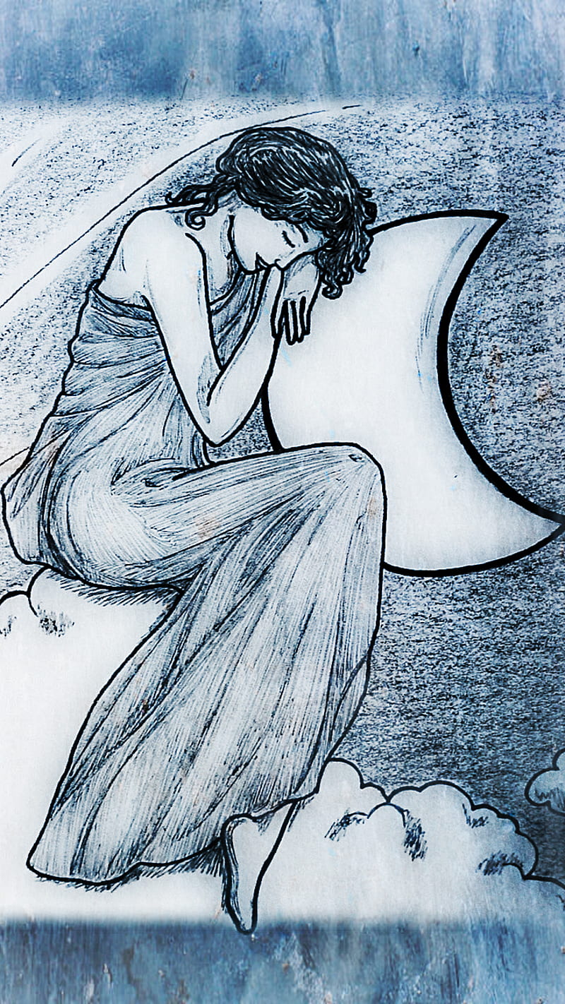 Moon Dreamer Art, art nouveau, drawn, girl, night, romantic, sky, woman, HD phone wallpaper