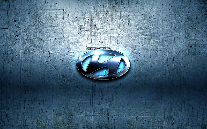 Hyundai metal logo, blue metal background, automotive brands, Hyundai, brands, Hyundai 3D logo, creative, Hyundai logo, HD wallpaper