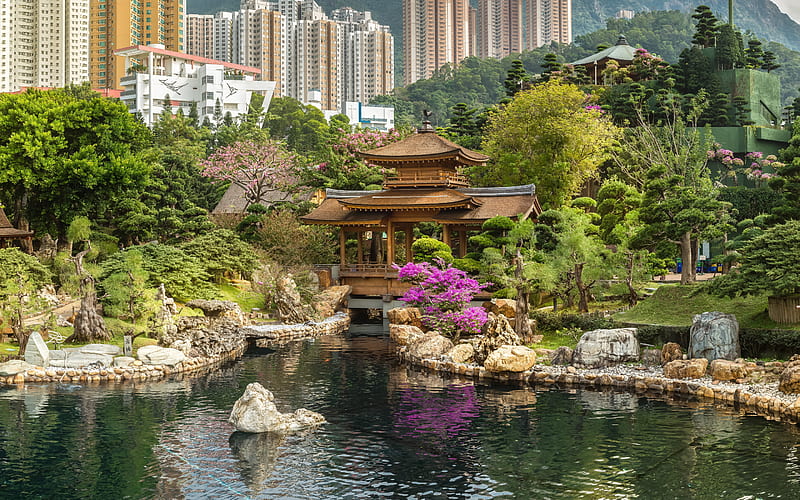 Hong Kong, pagoda, garden, lake, bushes, trees, modern buildings, Hong Kong cityscape, China, HD wallpaper