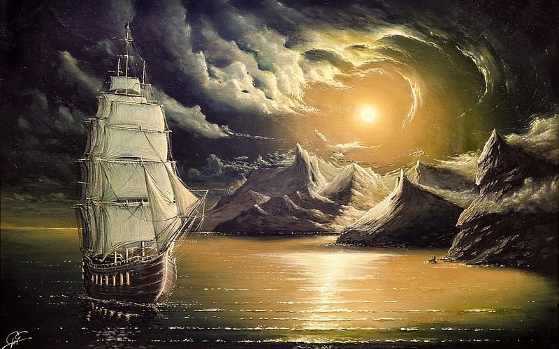 Fantasy Sails, art, moon, ship, mountains, clouds, sky, sea, night, digital, HD wallpaper