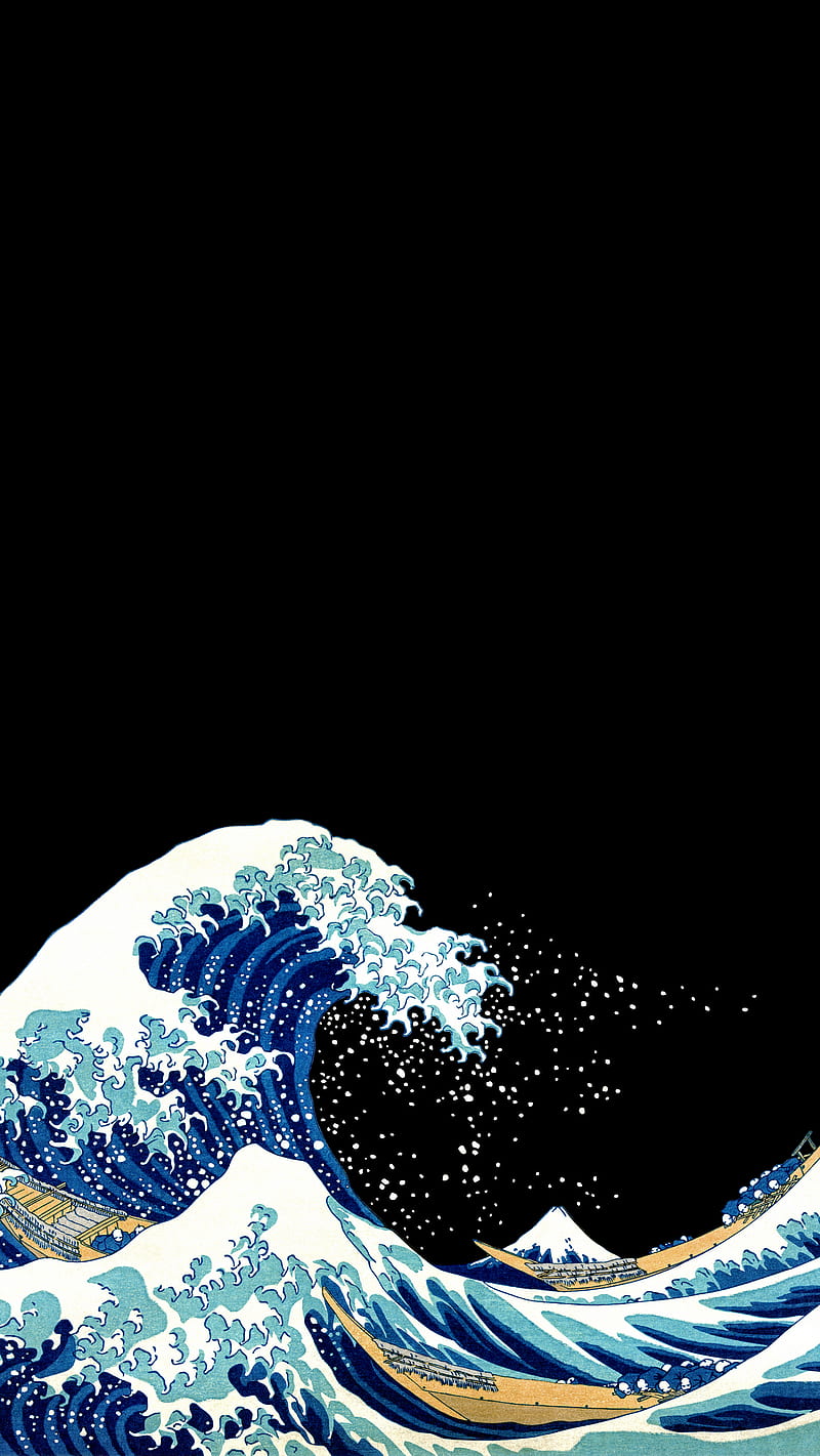 Waves amoled , sea, waces, japan, art, amoled, black, blue, ocean, water, edo, HD phone wallpaper