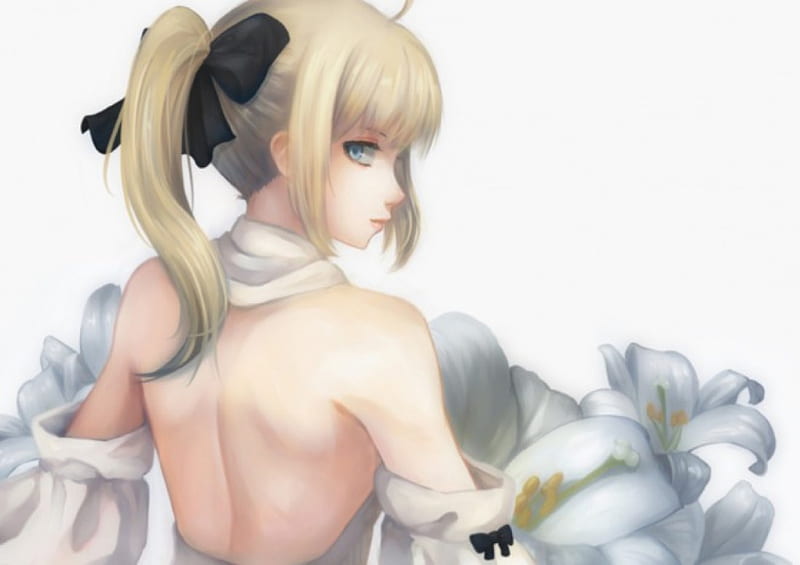 Pure White, saber, pretty, blond cg, saber lily, bonito, floral, sweet, blossom, nice, fate stay night, anime, beauty, anime girl, long hair, gorgeous, female, lovely, ribbon, blonde, blonde hair, sexy, blond hair, plain, girl, flower, lily, simple, white, HD wallpaper