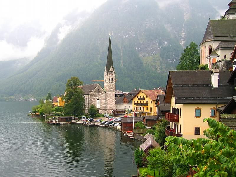 Hallstatt, Austria, mountain, church, lake, buildings, HD wallpaper