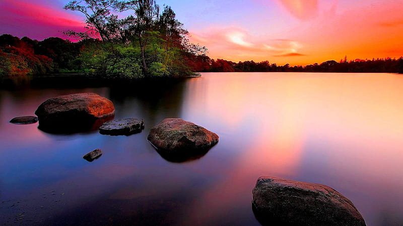 Calm Lake Forest Rocks Trees Clouds Lake Calm Stone Nature